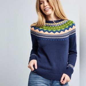 ModCloth Cozy Fair Isle Sweater Pullover Blue Collar
